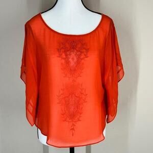 THML Anthropologie Orange Embroidered Cape Flutter Sleeve Sheer Sz Small NWOT